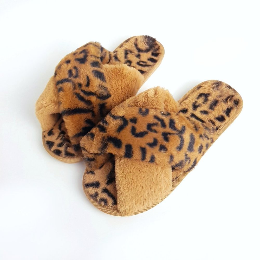Luscious Cross Band Animal Print Plush Slippers